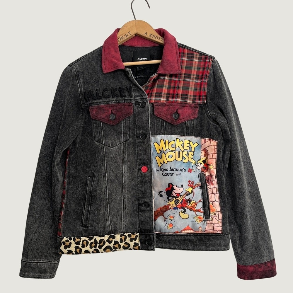 Desigual Disney Mickey Mouse Patchwork Denim Jacket Washed Black Plaid Medium